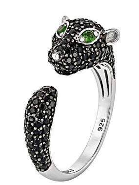 Genuine Black Spinel Panther Ring Chrome Diopside Eyes Sterling Silver Size 8!